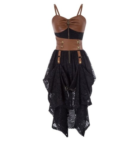 Steam punk brown leather and black lace dress