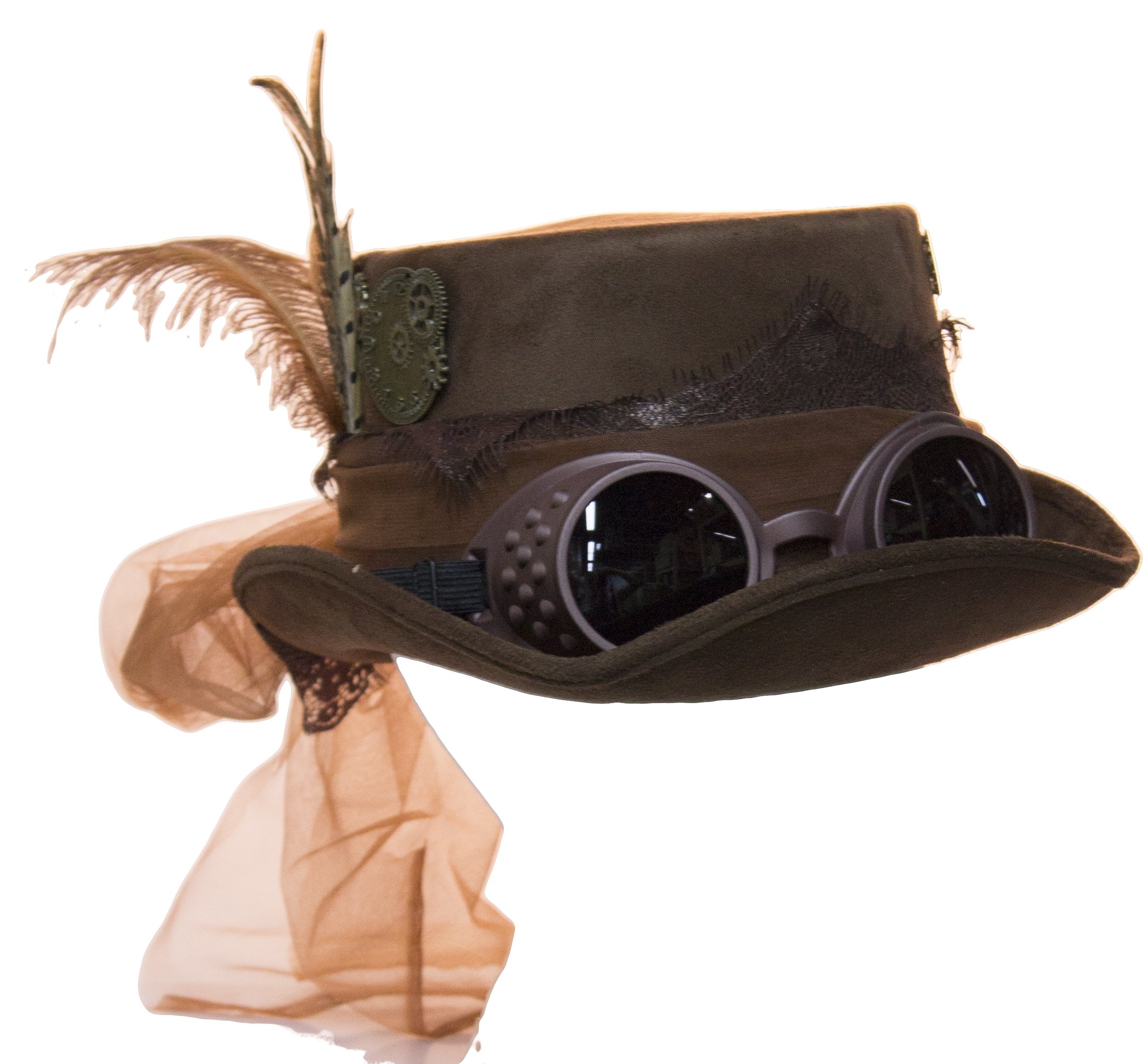 Deluxe Velvet Steampunk Top Hat with Removable Goggles Brown