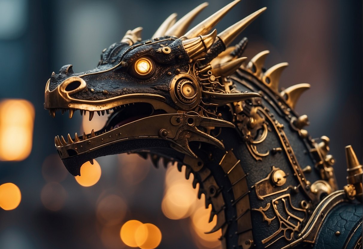 A steampunk dragon with brass and copper mechanical wings, gears and steam vents, breathing fire in a Victorian industrial cityscape