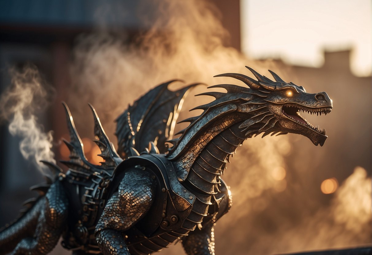 A group of steampunk dragons soar through a smoky, industrial cityscape, their metallic wings glinting in the sunlight as they breathe billows of steam and fire