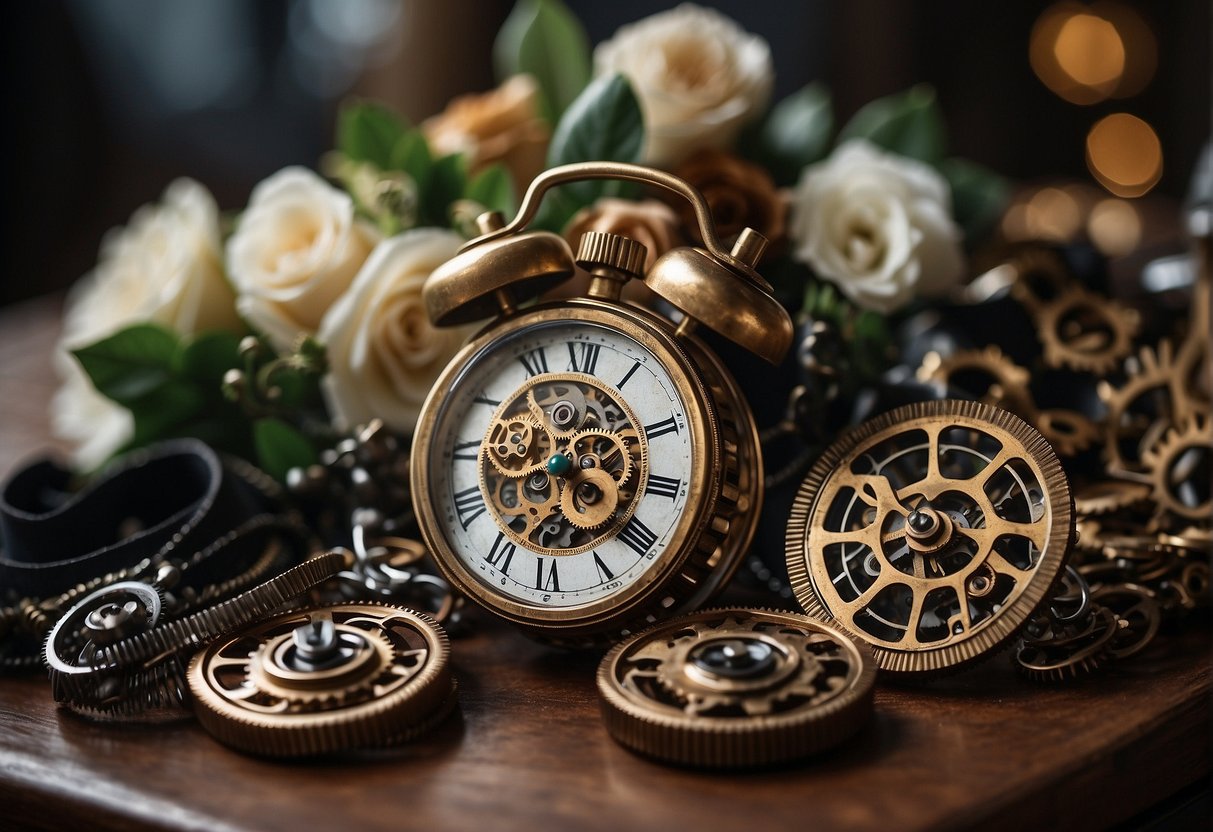A steampunk wedding with brass gears, vintage cogs, and industrial elements adorning the venue. The bride's bouquet incorporates clock parts and the groom's attire features leather and metal accents