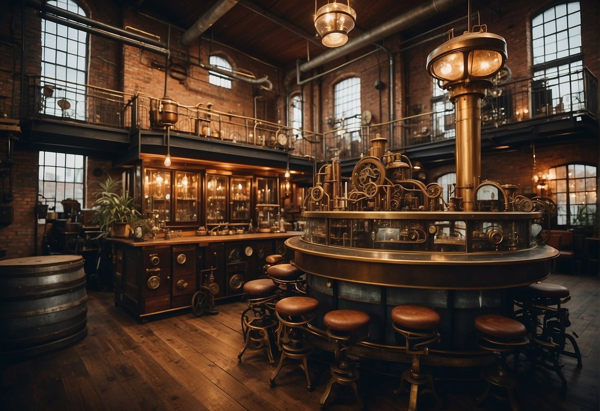A steampunk wedding: A Victorian-inspired venue with industrial decor, copper and brass accents, gears and cogs, and vintage machinery as the backdrop