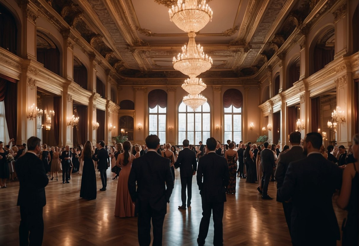 A grand Victorian ballroom filled with elegant paintings, ornate furniture, and people enjoying sophisticated music and dance