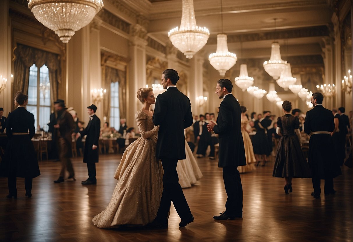 A grand ballroom filled with elegantly dressed men and women showcasing the influence of society and class in Victorian era fashion trends