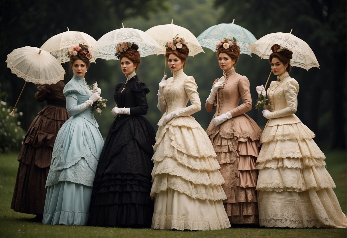 A group of Victorian-era women in elaborate, high-necked gowns with bustles and intricate lace details, paired with parasols and bonnets