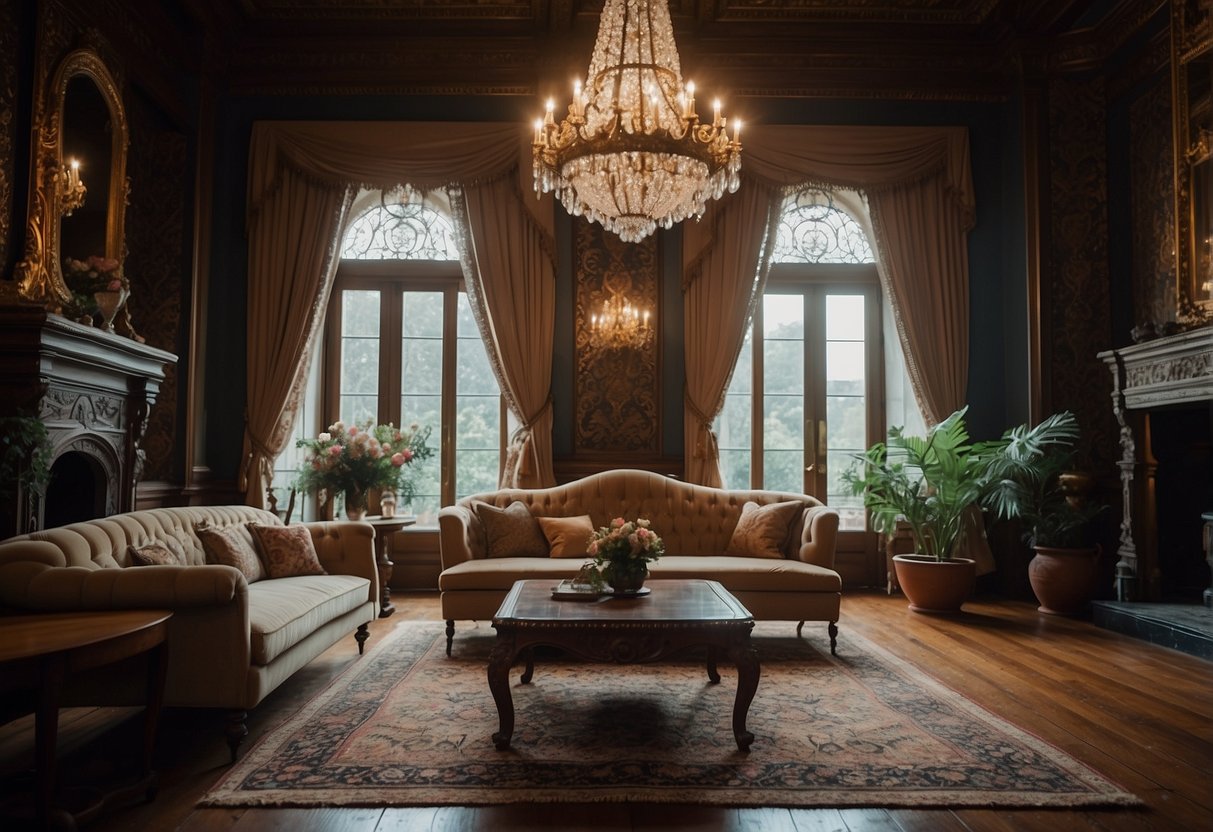 A Victorian sitting room with ornate furniture, floral wallpaper, and a grand chandelier. A fireplace with intricate carvings and a Persian rug completes the elegant decor