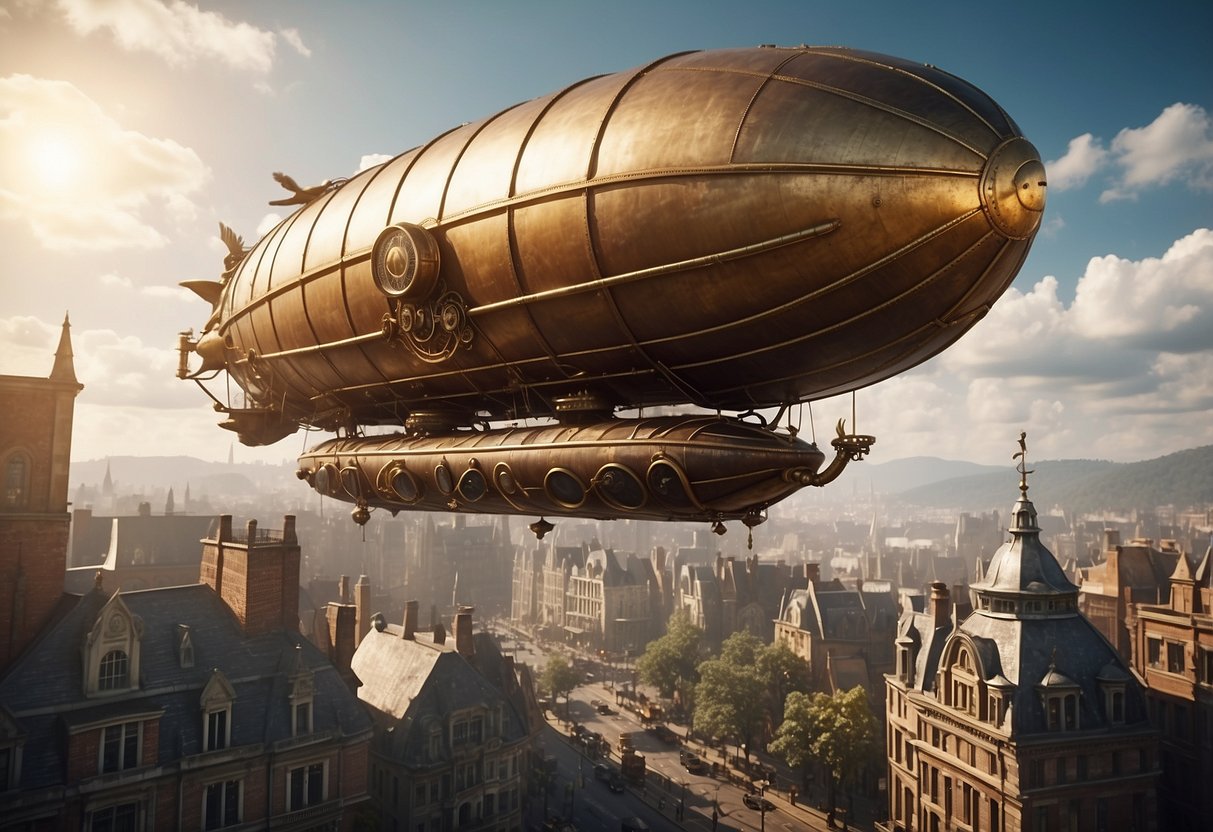 A steam-powered airship glides above a bustling city, surrounded by other steampunk vehicles on the ground and in the sky