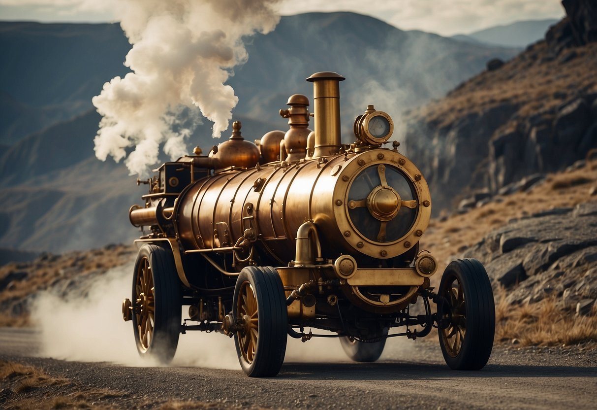 A group of steampunk vehicles roars across a rugged, industrial landscape, belching steam and billowing smoke from their intricate brass and copper engines