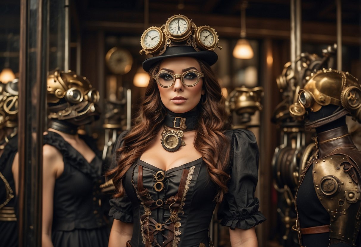 A steampunk fashion showcase with gears, goggles, and corsets, trending on social media