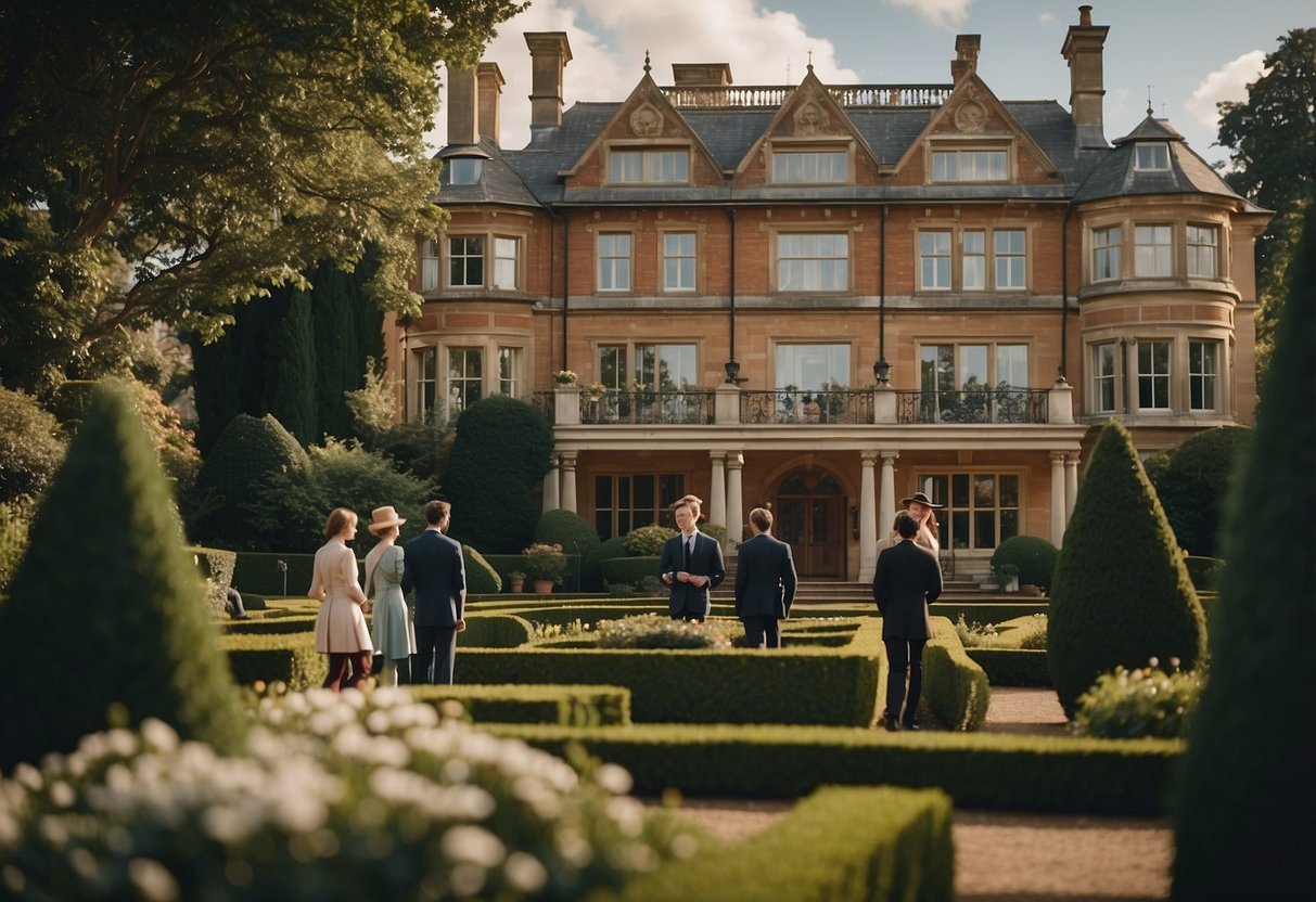 A grand Edwardian mansion, with a family crest displayed prominently above the entrance, surrounded by well-dressed individuals conversing in the elegant garden