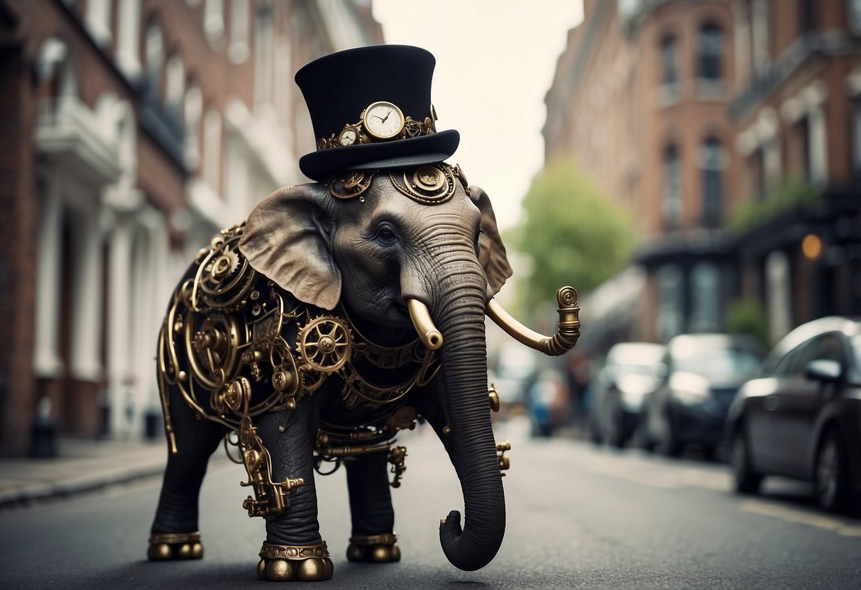 A steam-powered elephant with gears and pipes, wearing a top hat and monocle, strolling through a Victorian-era cityscape