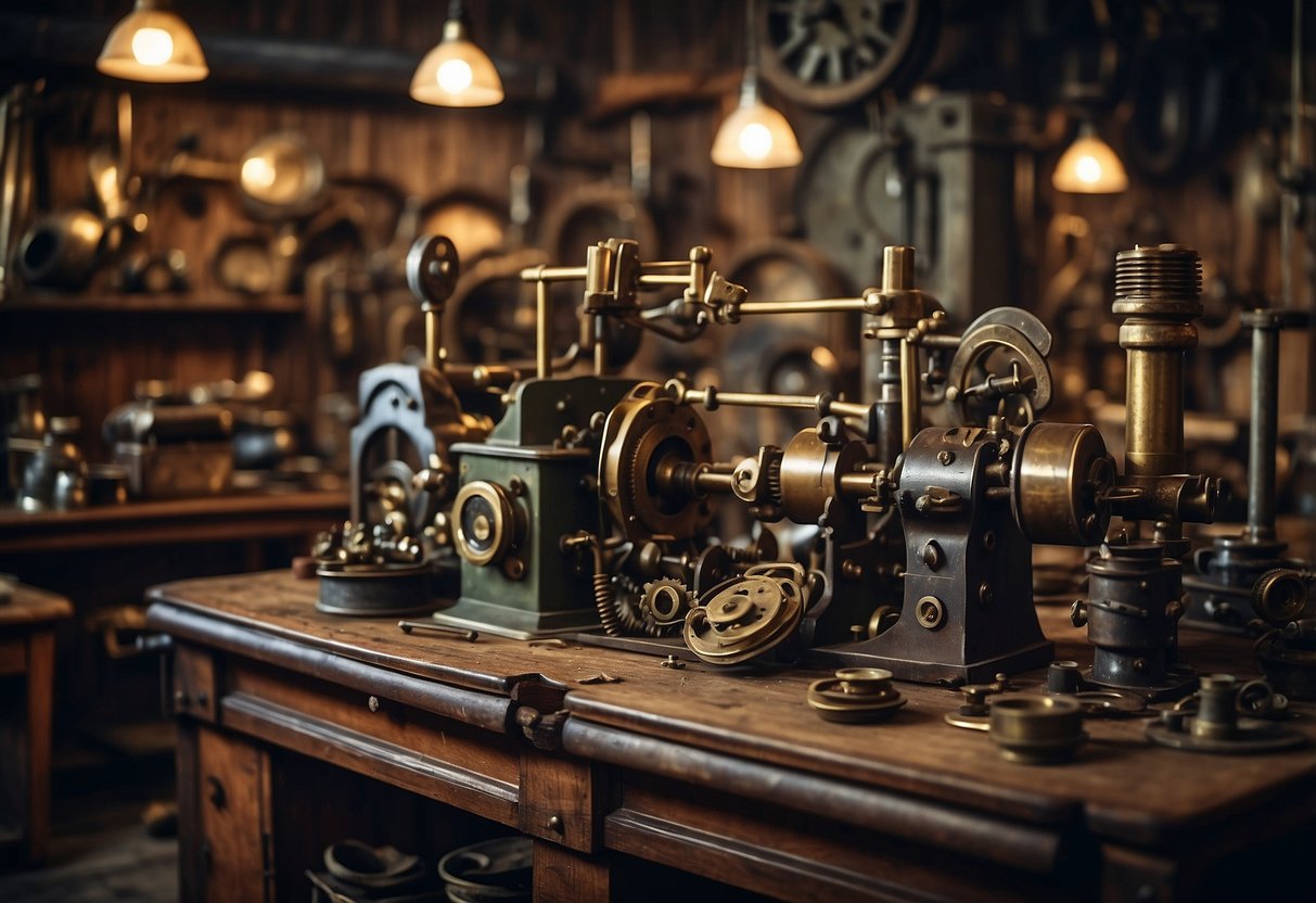 A cluttered workshop with antique machinery, gears, and brass accessories. A mix of Victorian clothing and futuristic gadgets