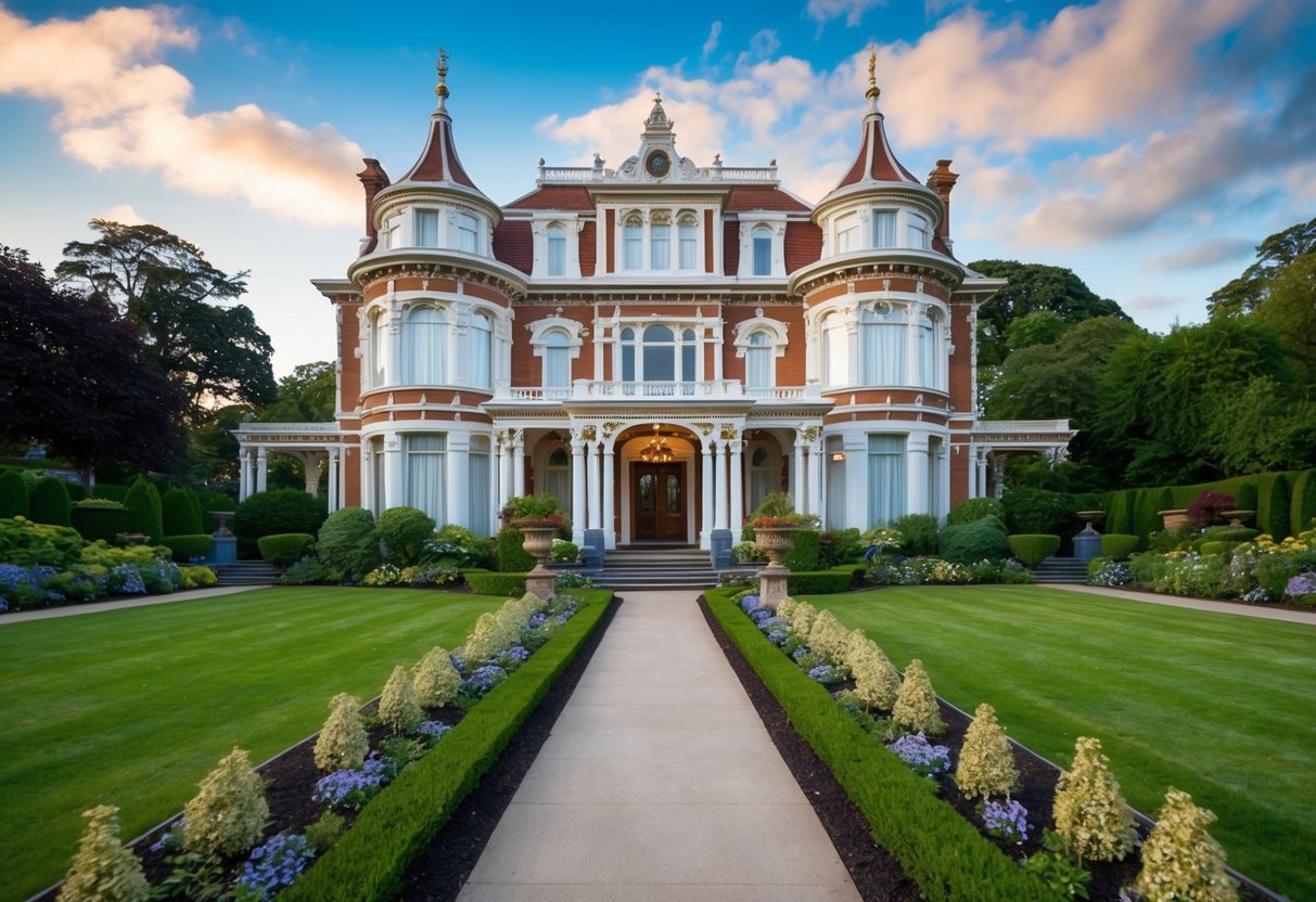 An ornate Edwardian house with a grand entrance and sprawling gardens