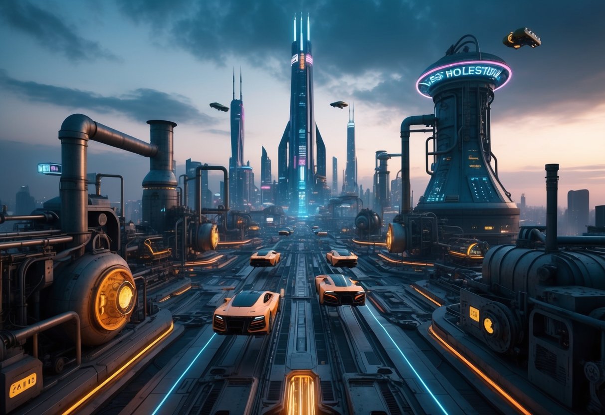 A futuristic cityscape with towering skyscrapers, flying cars, and neon signs, surrounded by industrial machinery and steam-powered technology