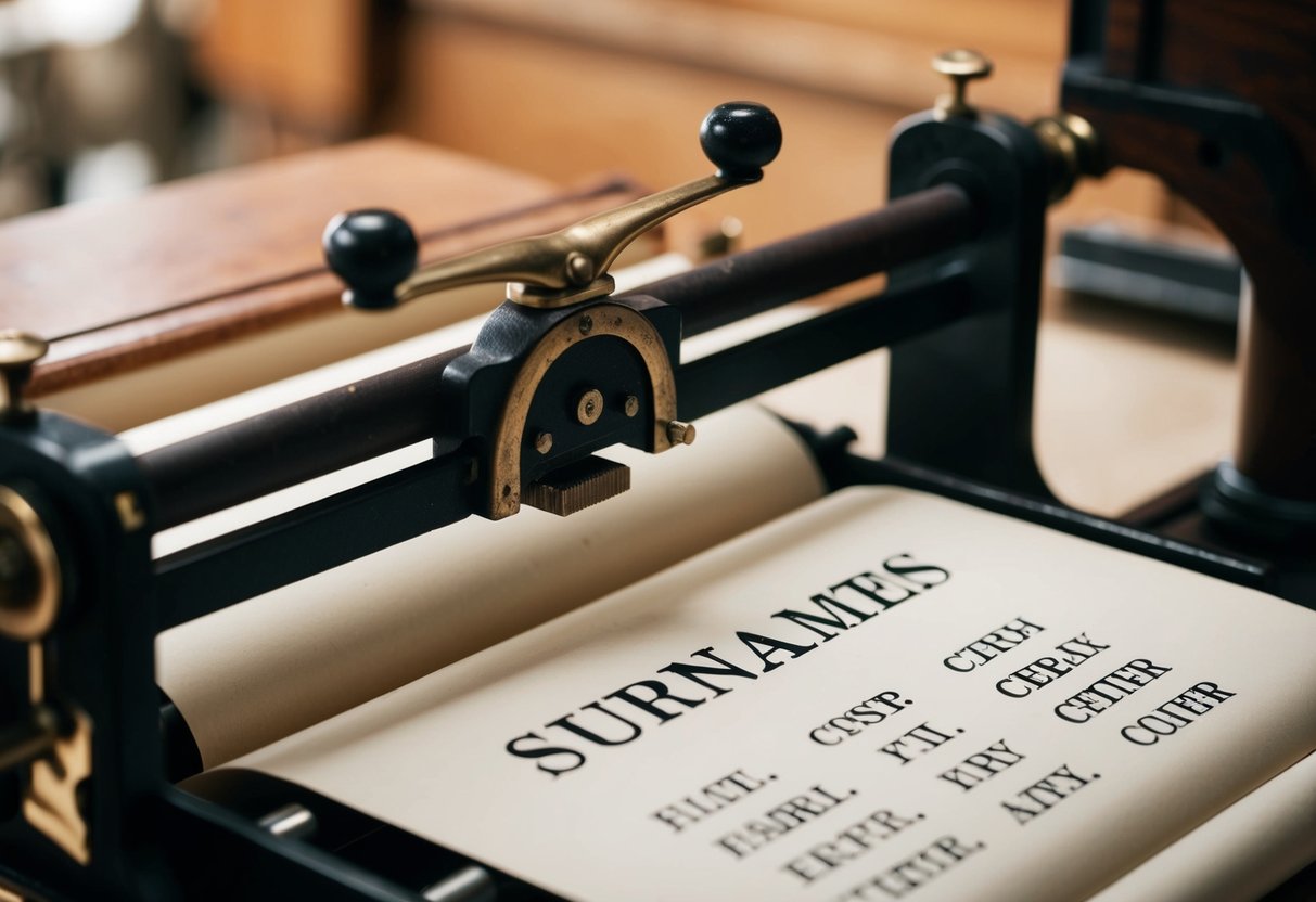 An old-fashioned printing press creating 1800s surnames on paper