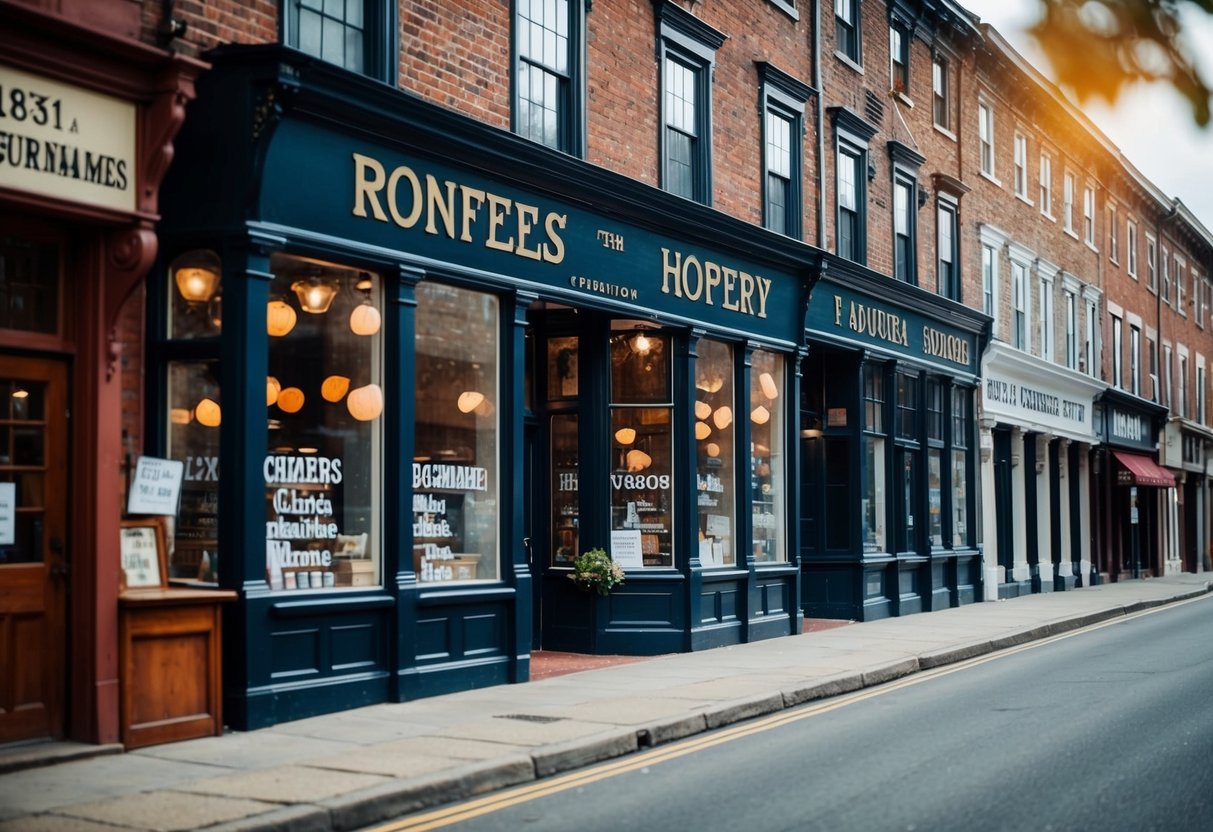 An old-fashioned street with 1800s surnames on storefronts