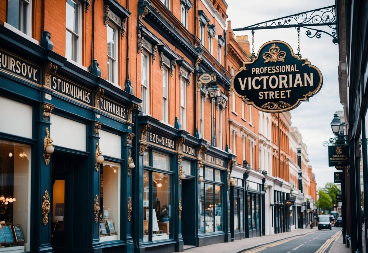 A bustling Victorian street with ornate signage and elegant storefronts, showcasing the influence of the era on surnames