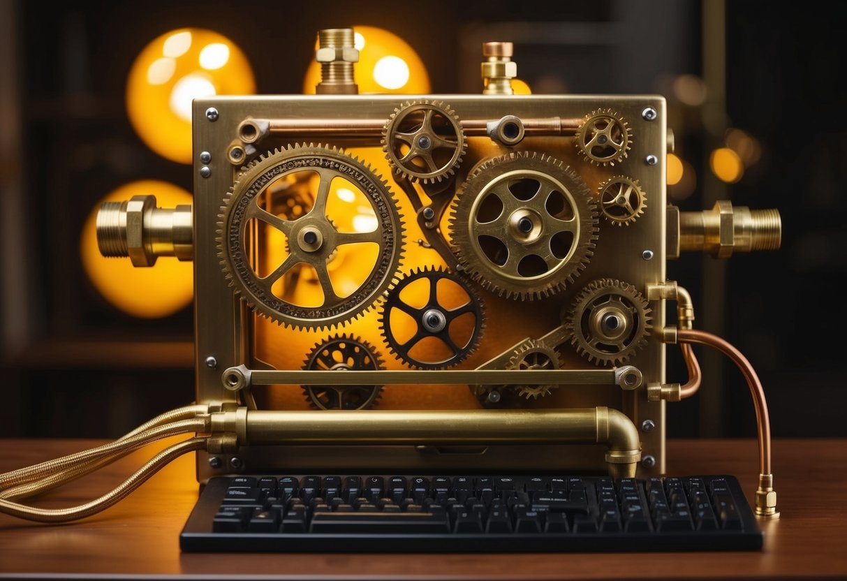 Gears, cogs, and brass pipes intertwine in a steampunk computer, emitting a warm glow from its intricate design