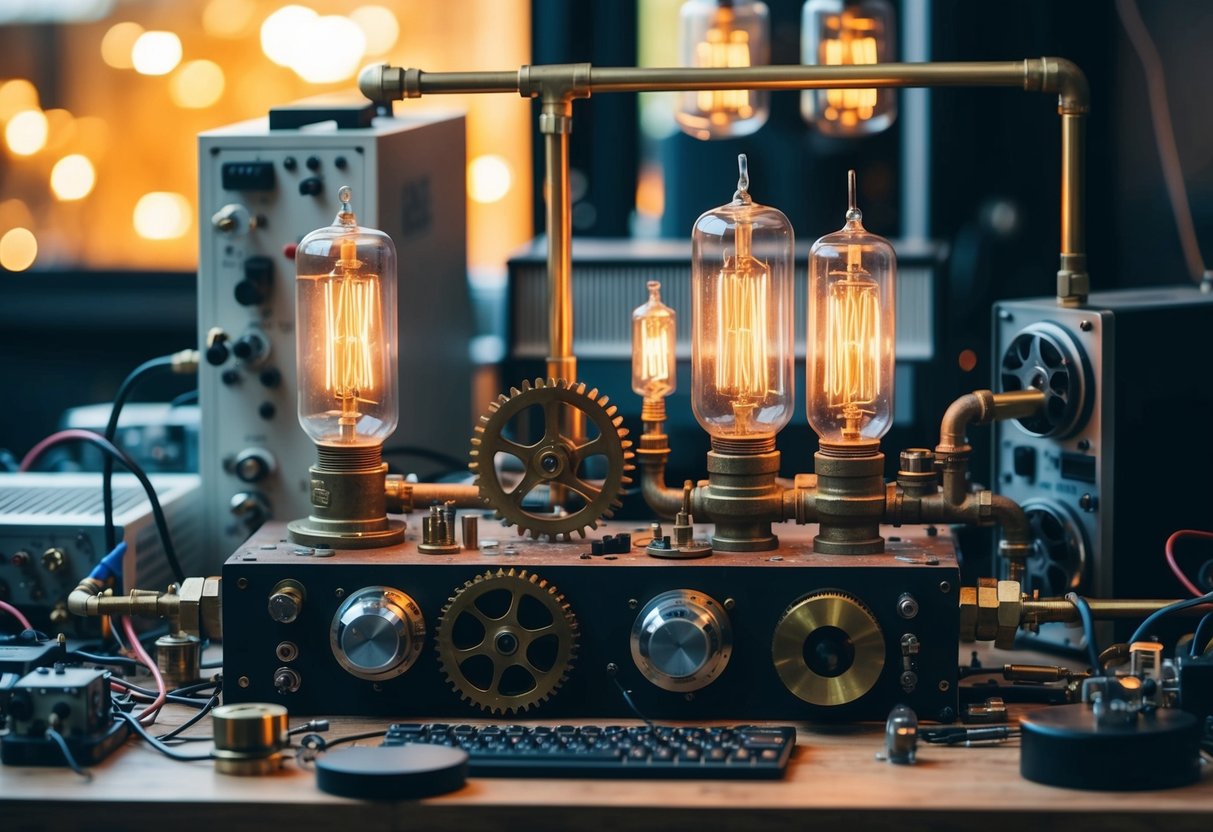 A cluttered workbench with brass gears, pipes, and cogs, surrounded by vintage computer components and glowing vacuum tubes