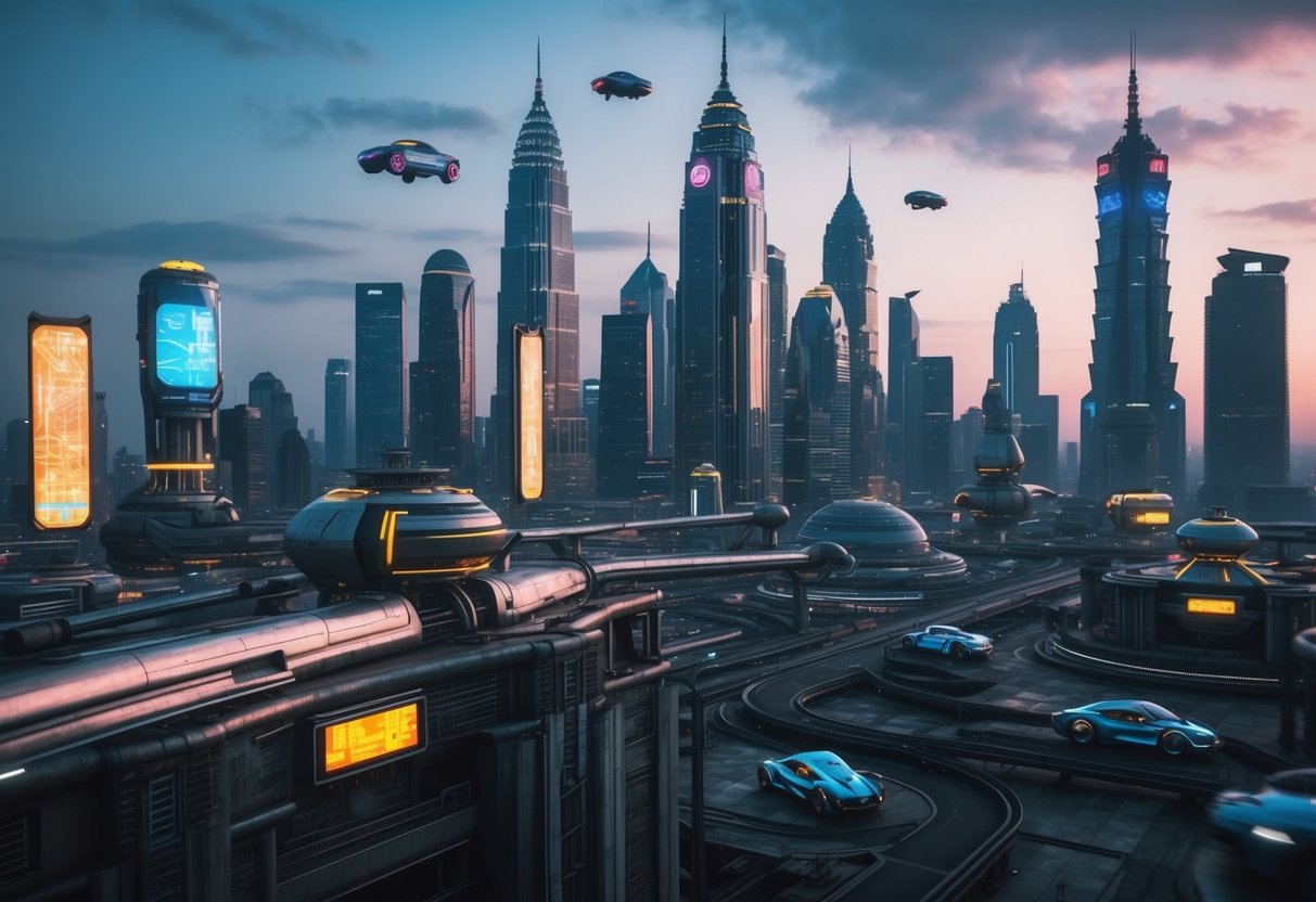 A bustling atompunk city with towering skyscrapers, flying cars, and neon holographic billboards