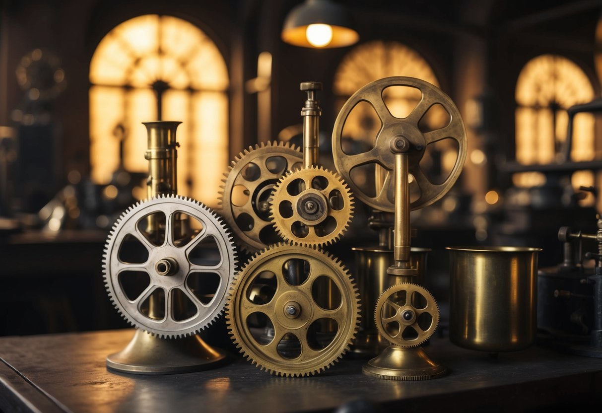 Gears and cogs intertwine with brass instruments, emitting a warm glow in a dimly lit Victorian-era workshop