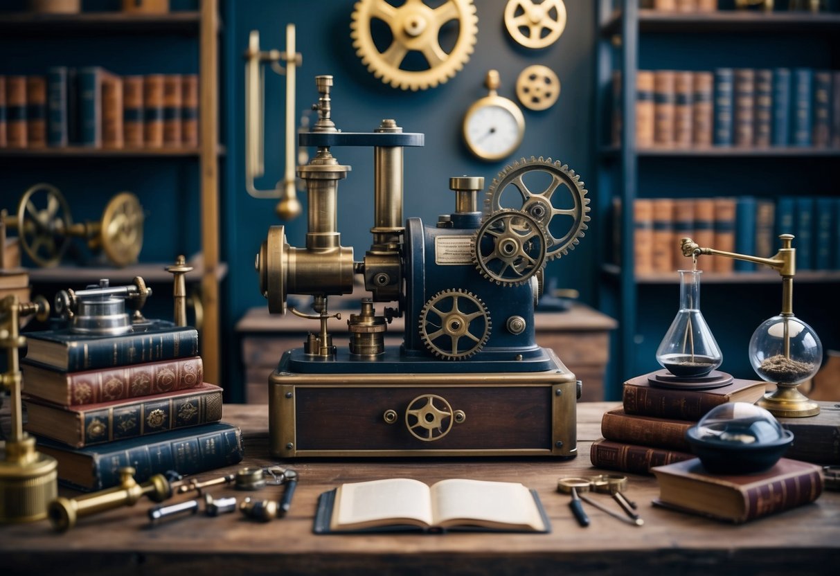 A steampunk-themed workshop with vintage machinery and gears, surrounded by antique books and scientific instruments