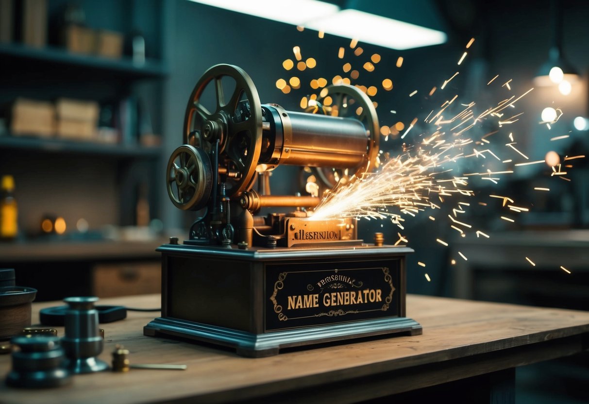 A steampunk-themed name generator machine whirring and emitting sparks in a dimly lit workshop