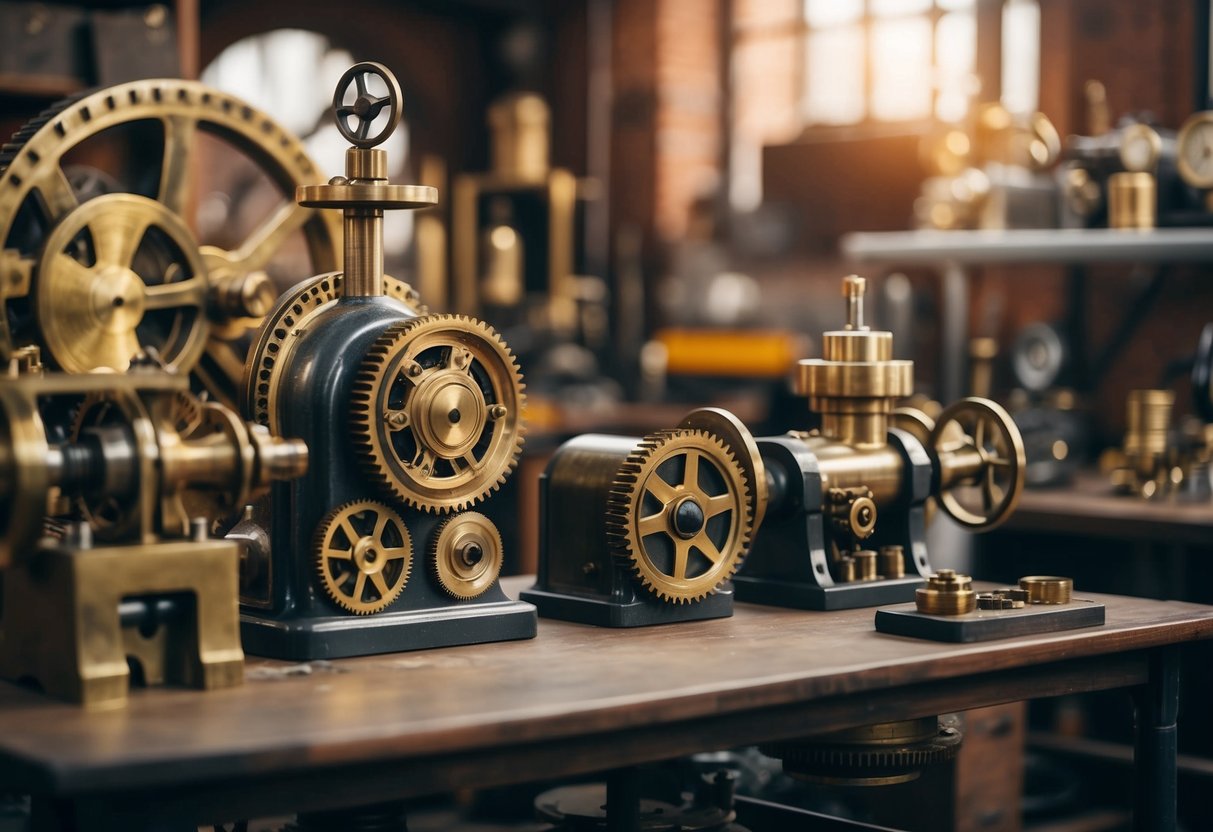 A steampunk-themed workshop with gears, cogs, and brass machinery