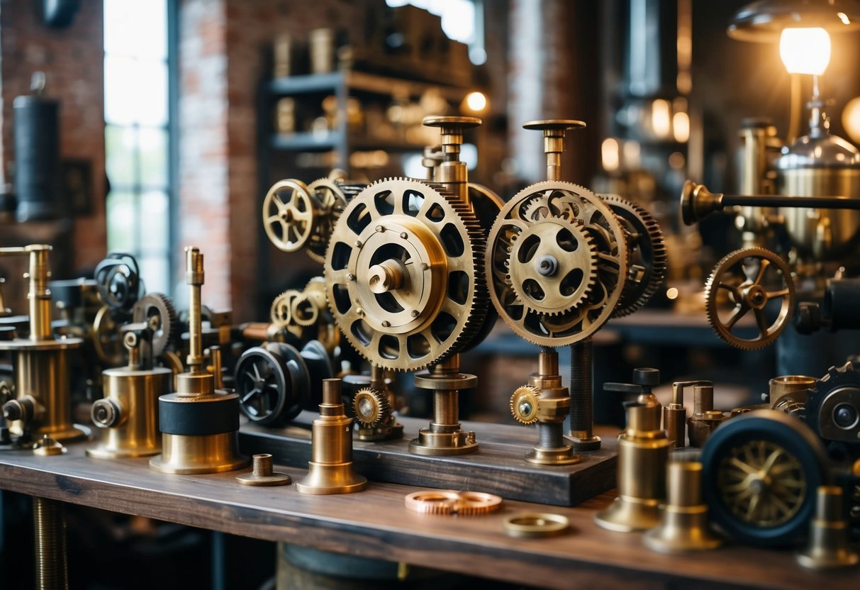 A steampunk workshop filled with brass gears, leather straps, and mechanical contraptions