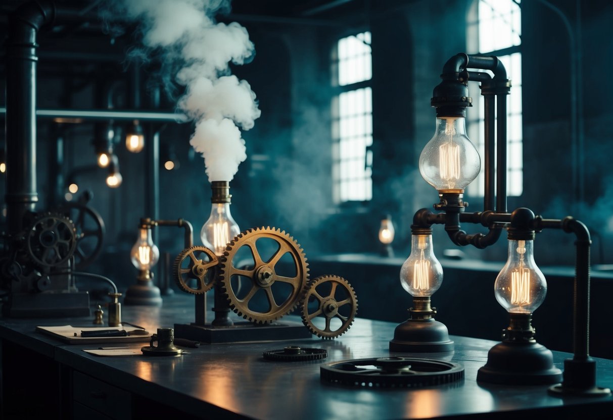 A dark, industrial laboratory with creaking gears, billowing steam, and eerie flickering gas lamps