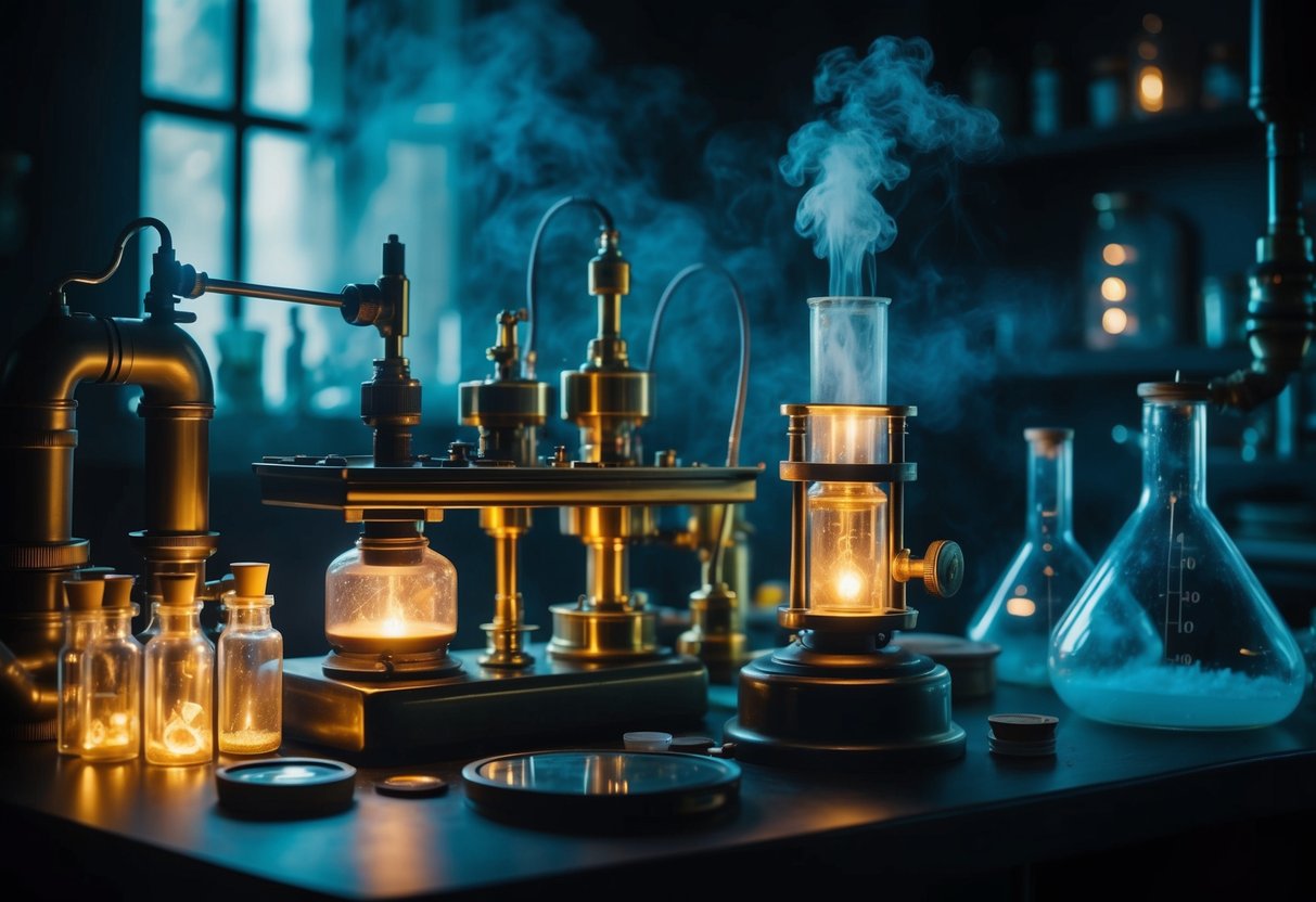 A dimly lit laboratory filled with brass machinery and glowing vials, surrounded by eerie steam and looming shadows